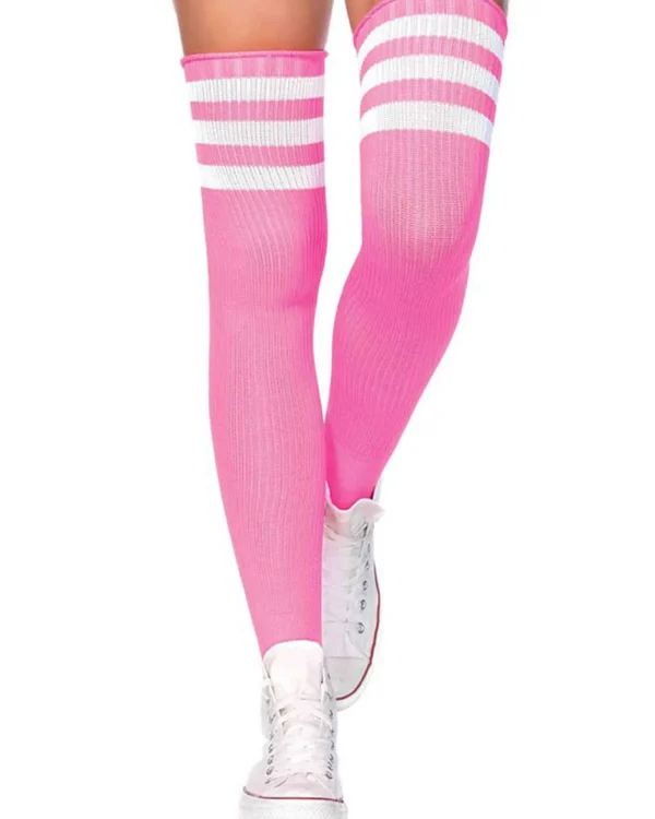 Leg Avenue Athletic Pink With White Stripes Thigh High Socks> Halloween Hosiery