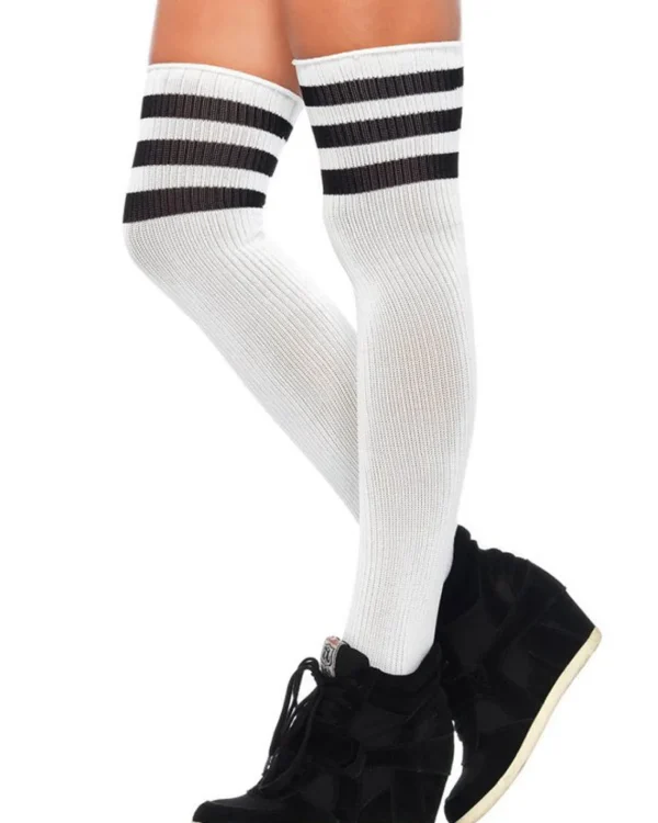 Leg Avenue Athletic White With Black Stripes Thigh High Socks> Halloween Hosiery