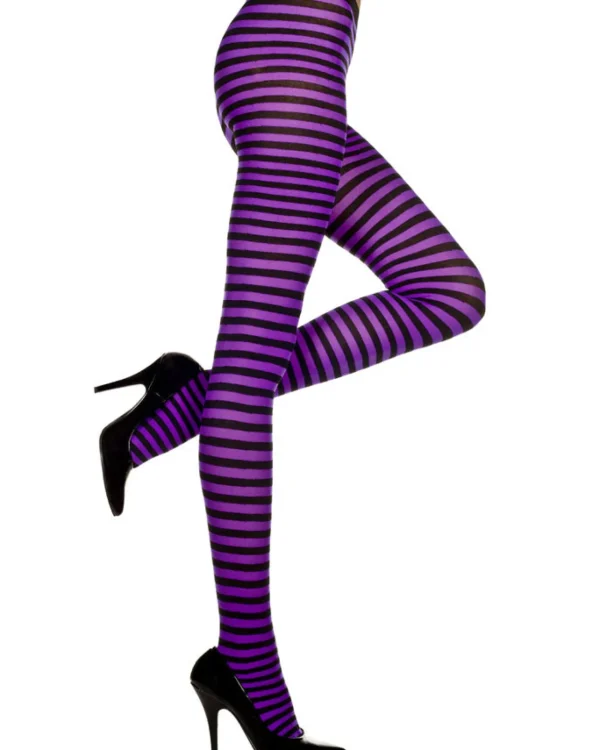 Music Legs Beautiful Black And Purple Striped Tights> Halloween Hosiery