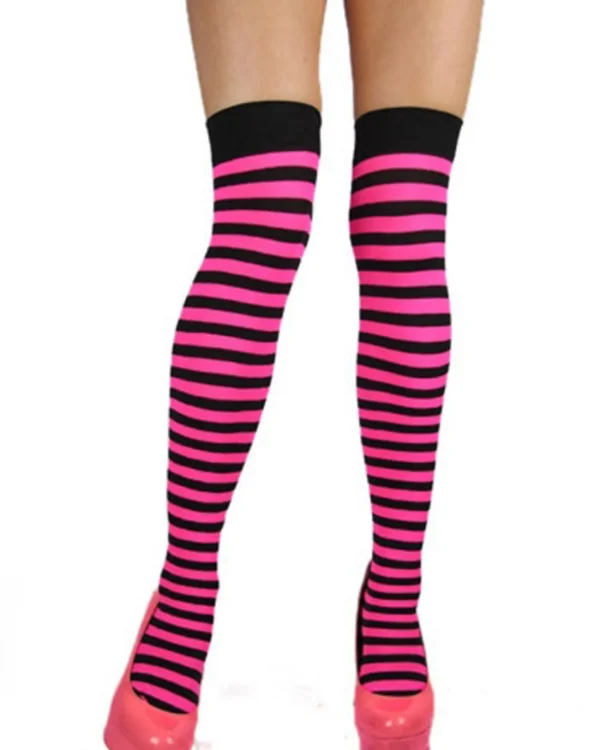 Leg Avenue Black And Neon Pink Striped Thigh High Stockings> Halloween Hosiery