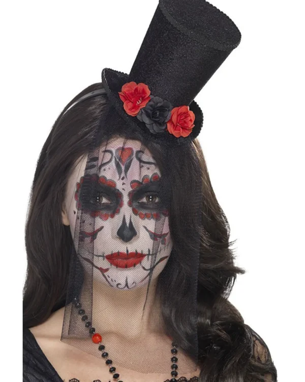 Smiffys Day Of The Dead Mini Top Hat With Veil> Halloween Accessories