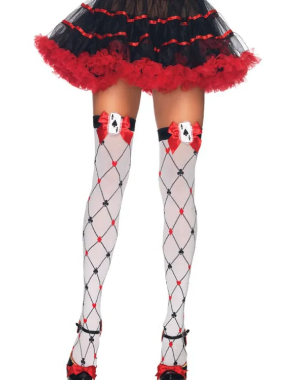 Leg Avenue Diamond Card Thigh High Stockings With Bow And Card Charm Applique> Halloween Hosiery