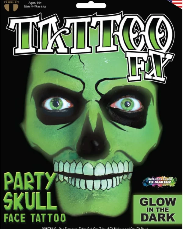 Tinsley Transfers Glow In The Dark Party Skull Face Tattoo Kit> Halloween Accessories