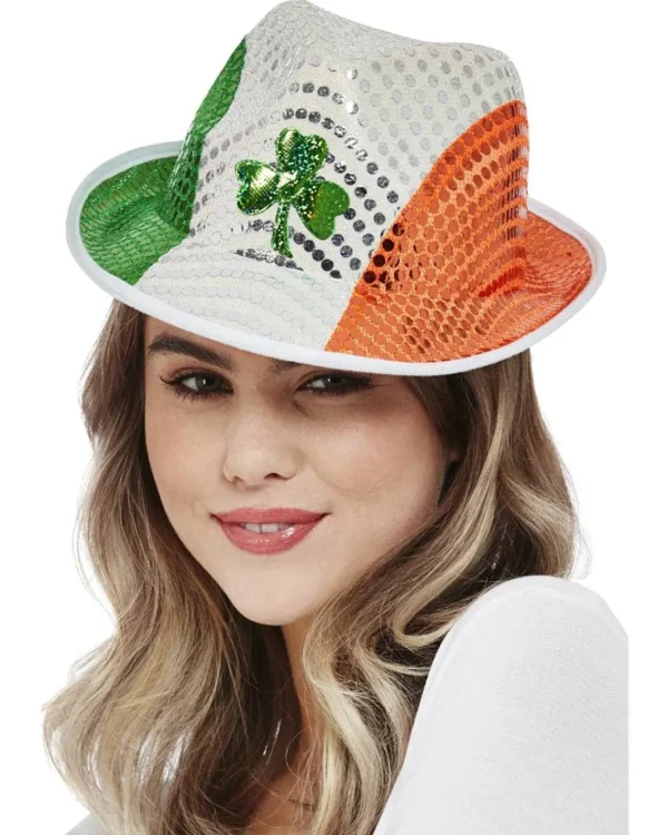 Smiffys Paddys Day Irish Flag Sequin Trilby Hat> Halloween Hats