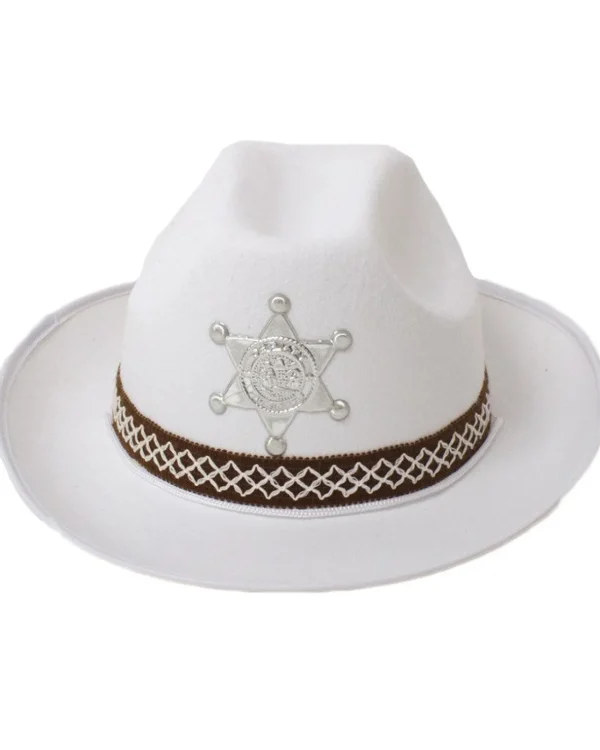 Tomfoolery White Cowboy Hat With Woven Band And Badge> Halloween Hats