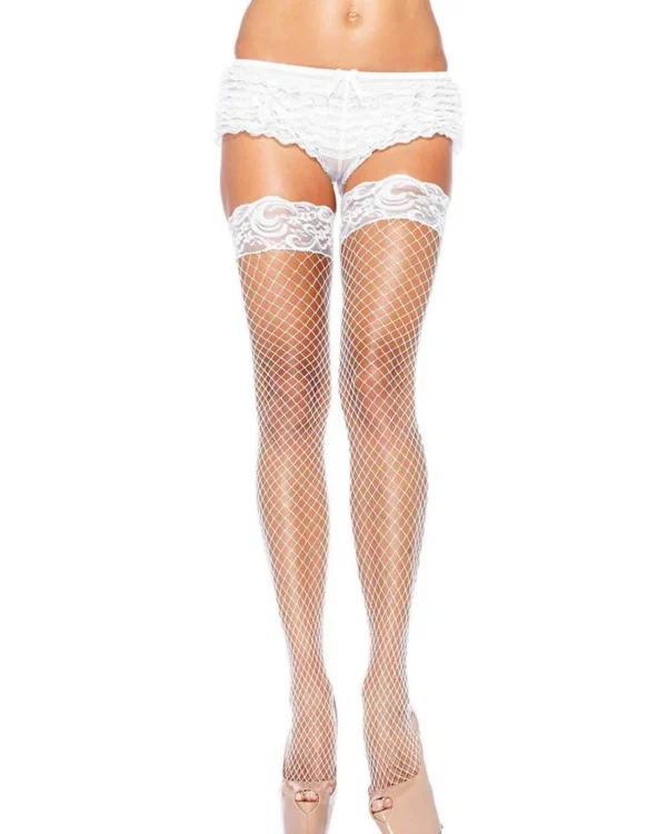 Leg Avenue White Fishnet Thigh High Stockings With Lace Top> Devils &Amp; Angels