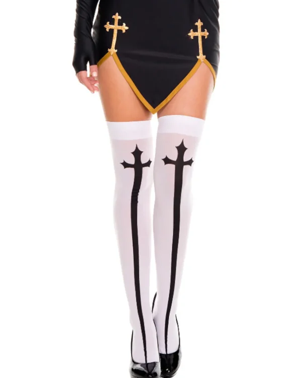 Music Legs White Opaque Gothic Cross Thigh High Stockings> Saints &Amp; Sinners