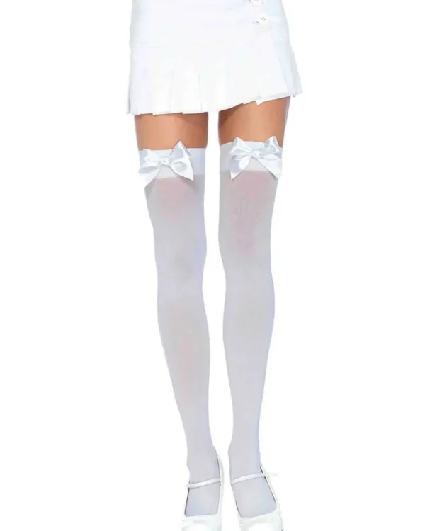 Leg Avenue White Opaque Thigh High Stockings With White Satin Bow> Halloween Hosiery