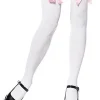 Leg Avenue White Opaque Thigh Highs With Pink Satin Bow> Halloween Hosiery