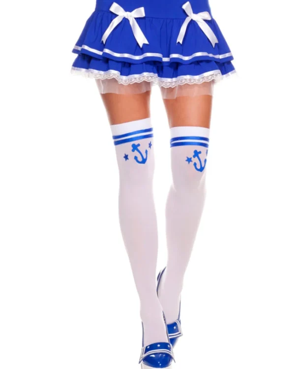 Music Legs White Thigh High Stockings With Blue Anchor Print> Halloween Hosiery